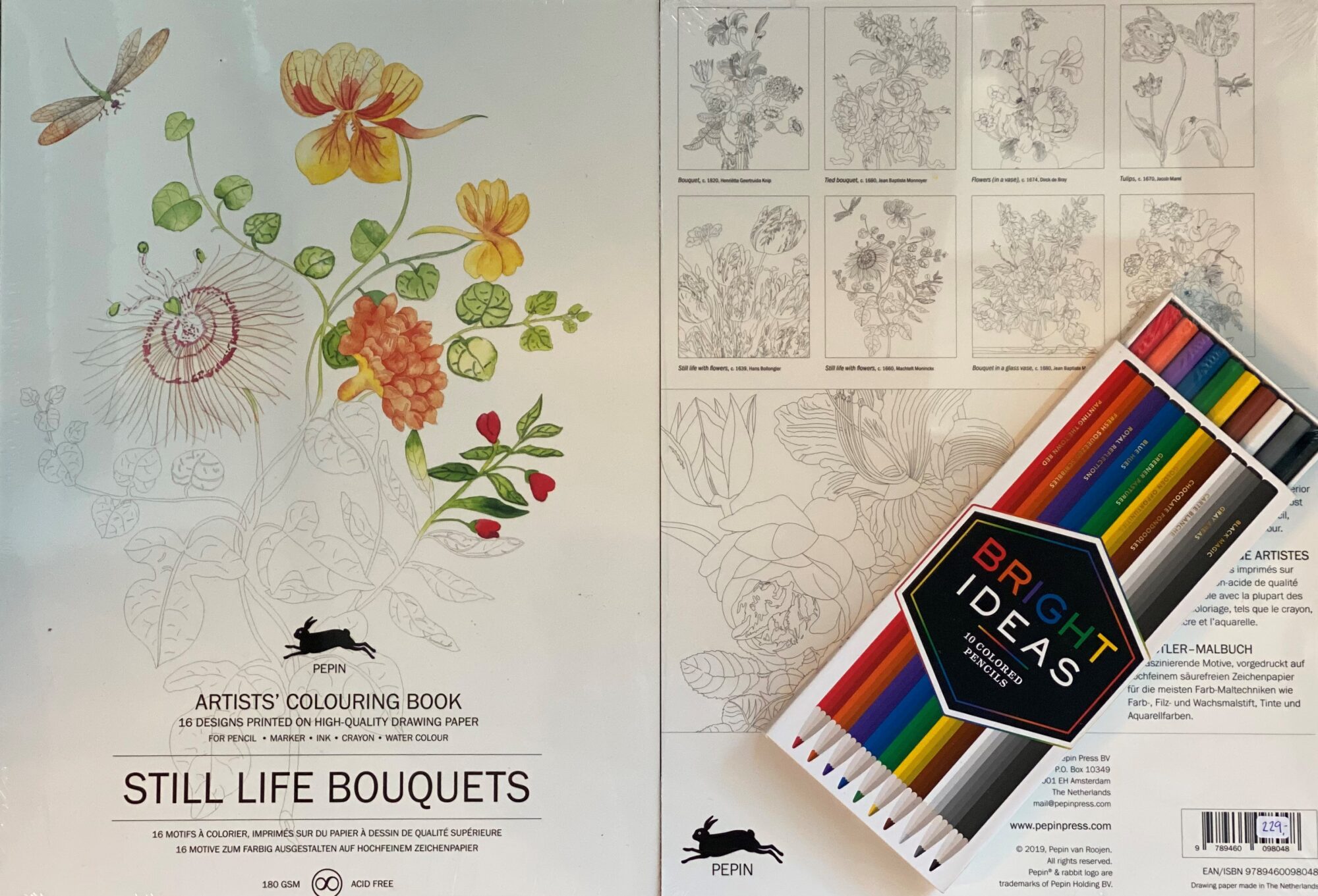 Fargeleggingsbok med blomstermotiv og fargeblyanter